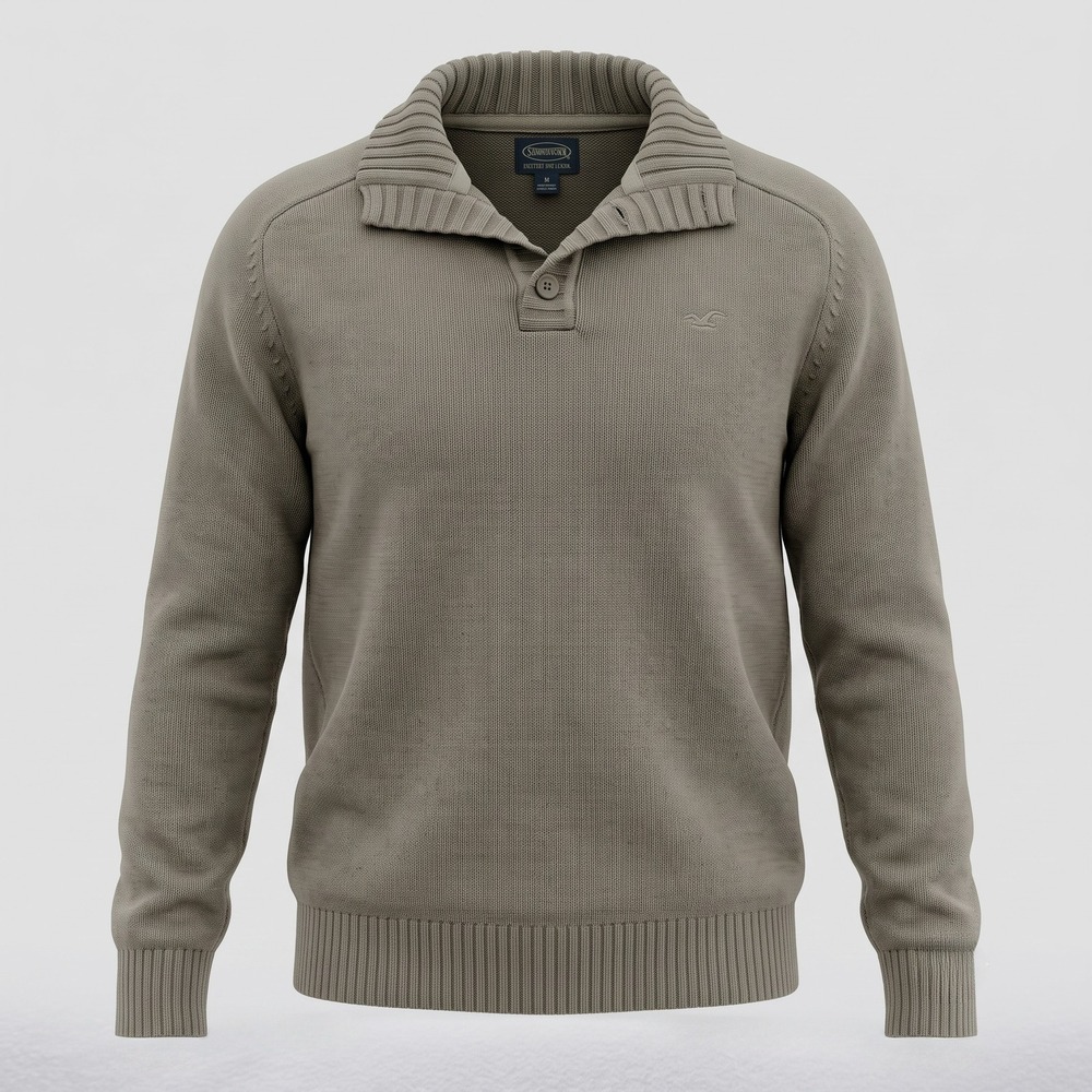 Ferouch Mens Large Olive Green Sweater Flying Spirit Mock‎ Neck Button Cotton